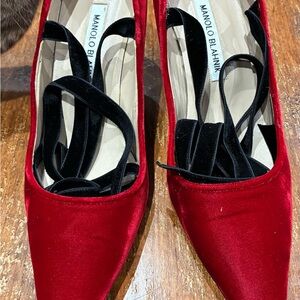 Manolo Blahnik Red Velvet Pointed-Toe Flats with Black Lace-Up Trim
